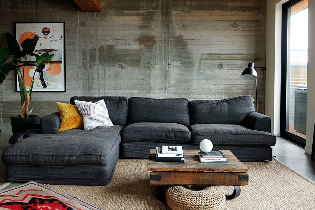 Contemporary Living Room Design With Dark Grey Lshaped Sofa