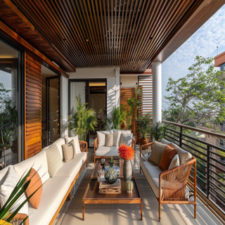 Tropical Balcony Design With Wooden False Ceiling