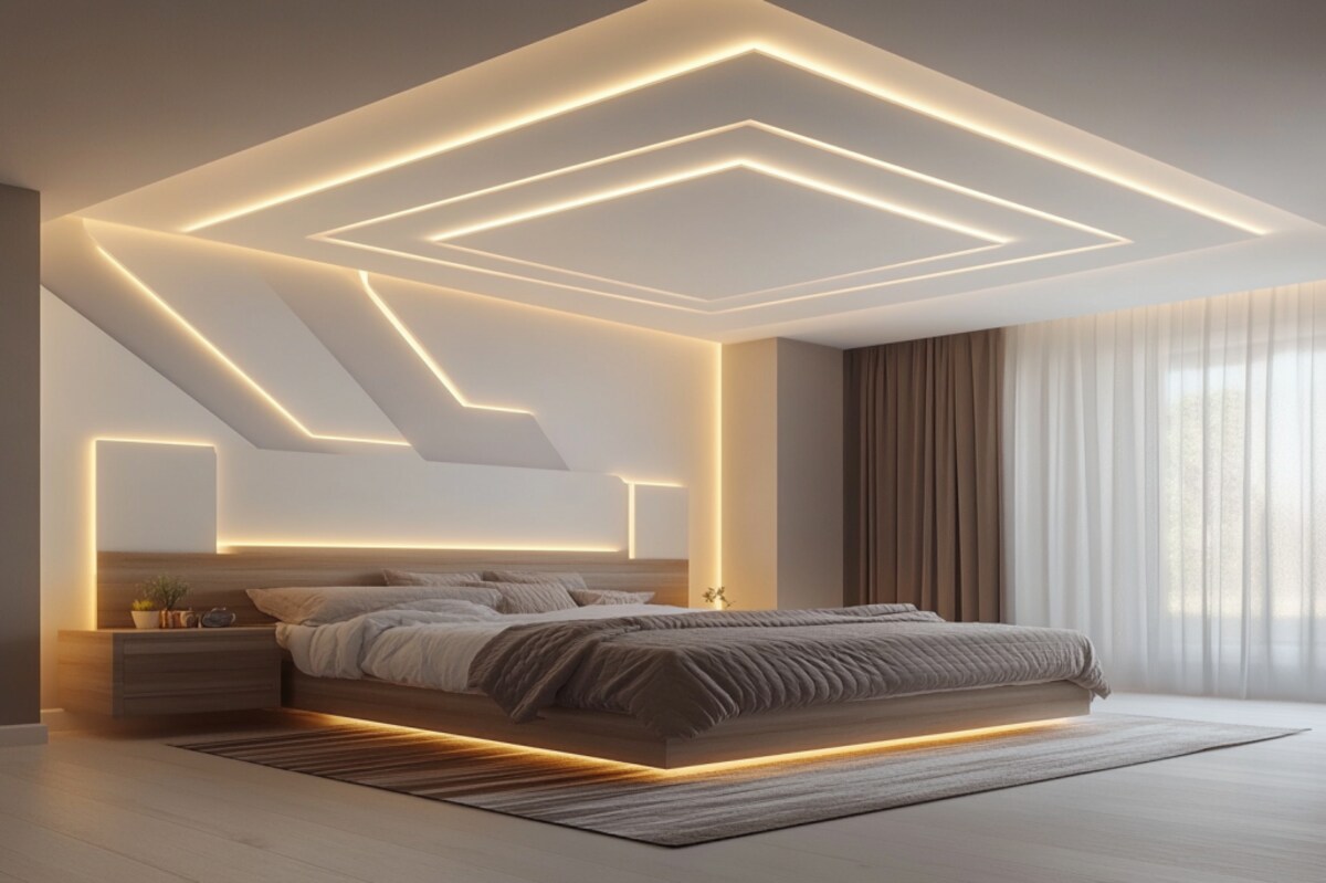 Modern Triple-Layered Gypsum Bedroom Ceiling Design With White Paint