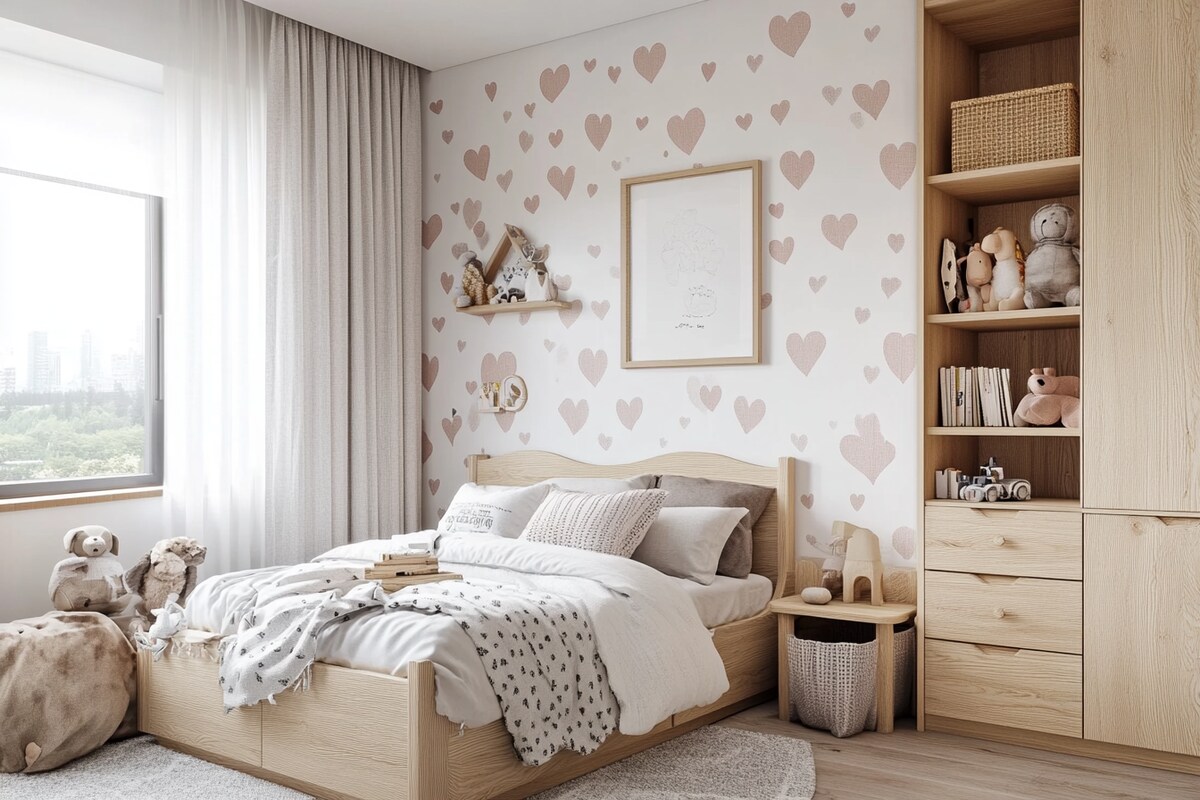 Scandinavian Kids Bedroom Design with Heart Wallpaper and Storage Bed