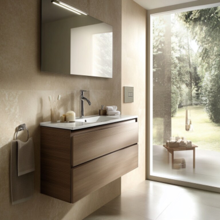 Modern Beige And Grey Small Bathroom Ideas With Wooden Cabinet