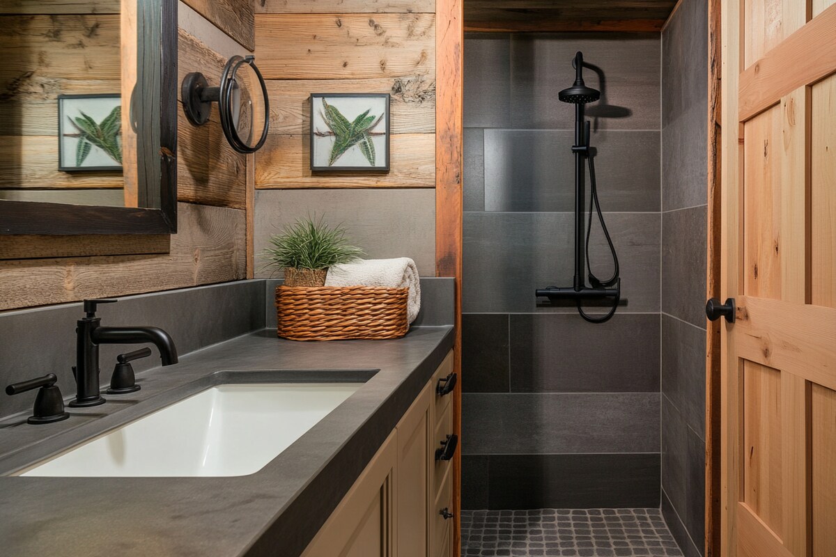 Rustic Grey And Wood Bathroom Design With Beige Bathroom Cabinet And Black Countertop