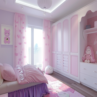 Minimalistic Pink And Lavender Girls Room Design With 2-door White And Pink Swing Wardrobe