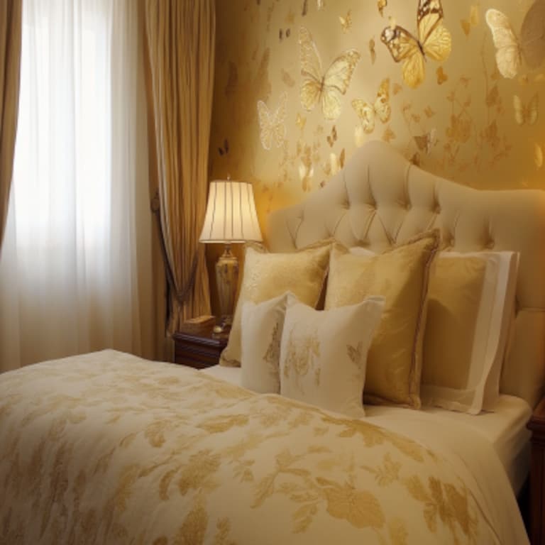 Beige And Gold Vintage Bedroom Wall Design With Butterfly Motifs