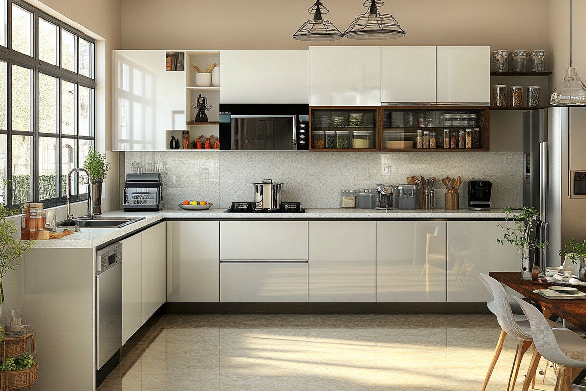 Frosty White Modern L Shaped Kitchen Design with Open Shelves