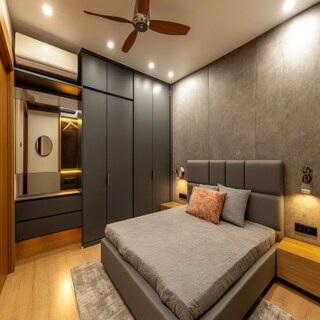 Modern Grey 4-Door Swing Wardrobe Design with Loft Unit