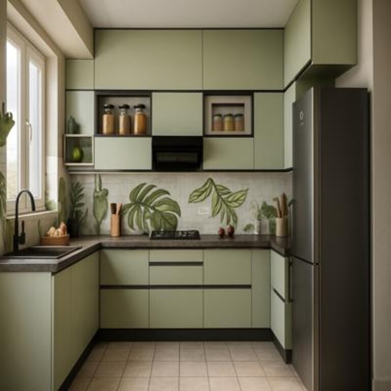 Contemporary Sage Green U Shaped Modular Kitchen