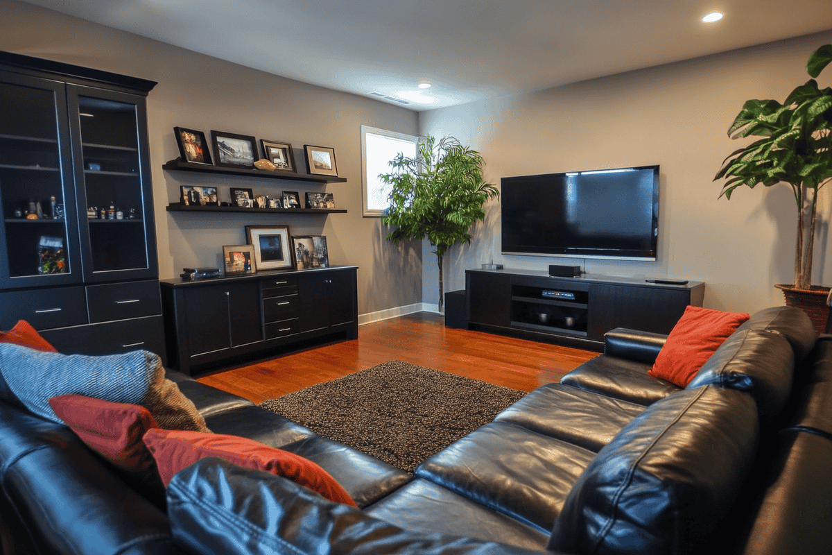 Contemporary Living Room Design With Black Leather Sofas and TV Unit