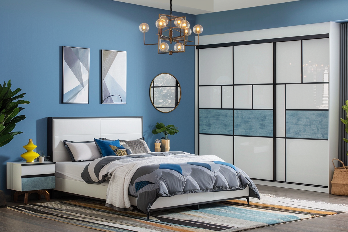 Modern Master Bedroom Design With Blue Accent Wall And 3-door Sliding Wardrobe