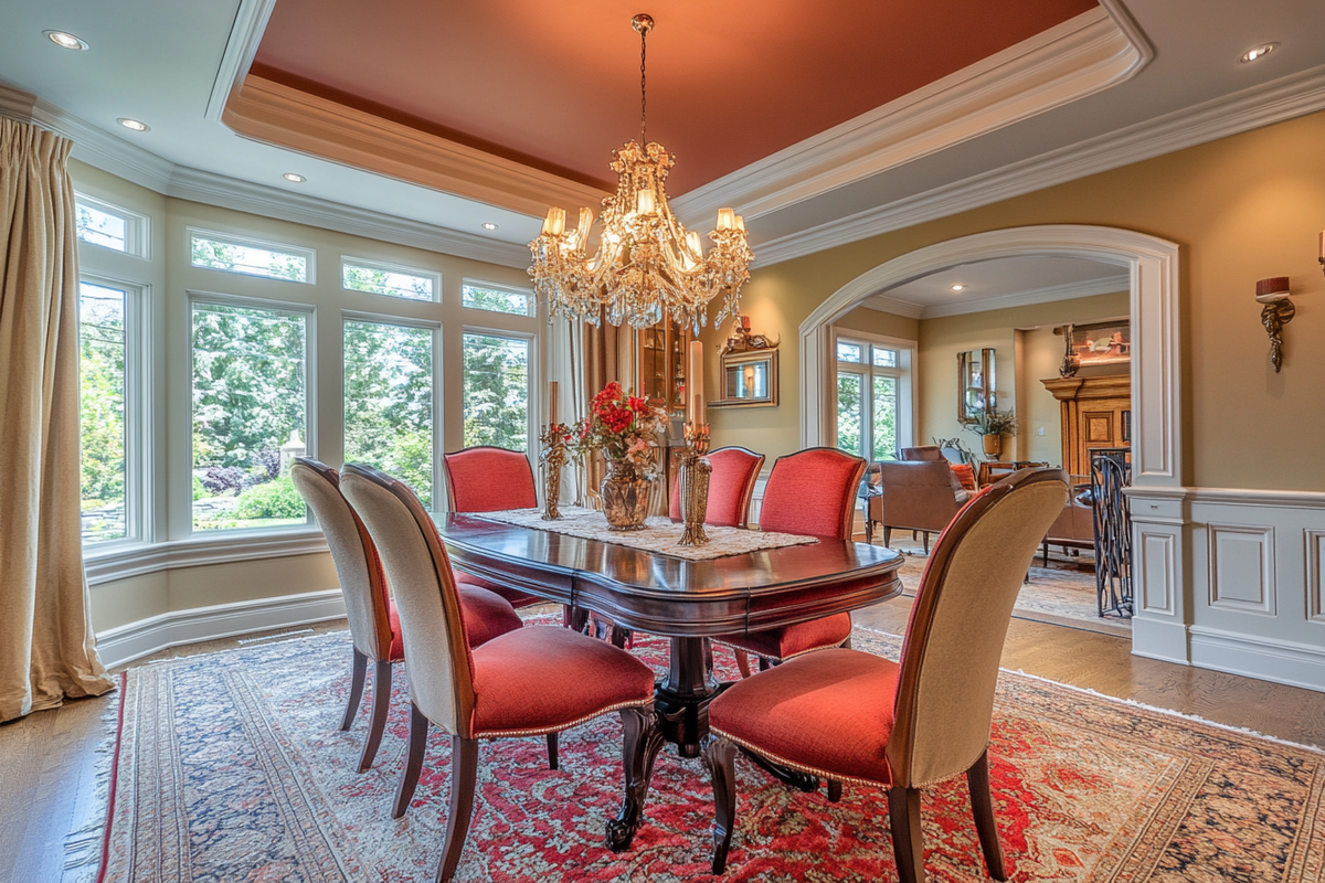 Eclectic 6-Seater Dining Room Design With Beige And Red Upholstered Chairs