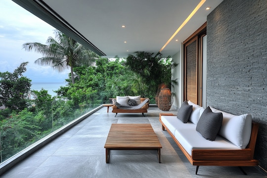 Tropical Balcony Design With Grey Textured Wall Cladding