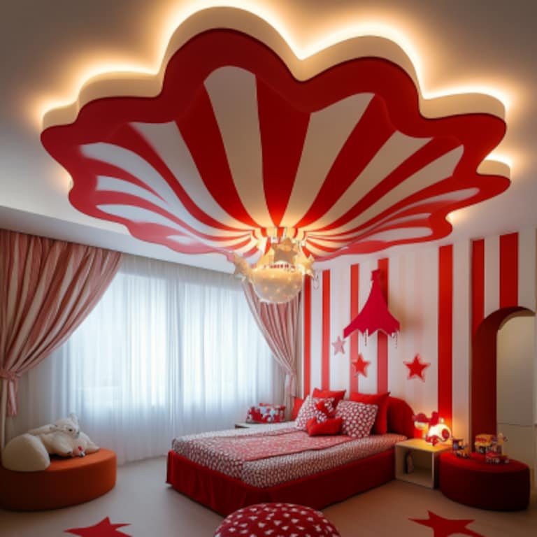 Contemporary Red And White Circus-Themed False Ceiling Design For Kids Bedrooms