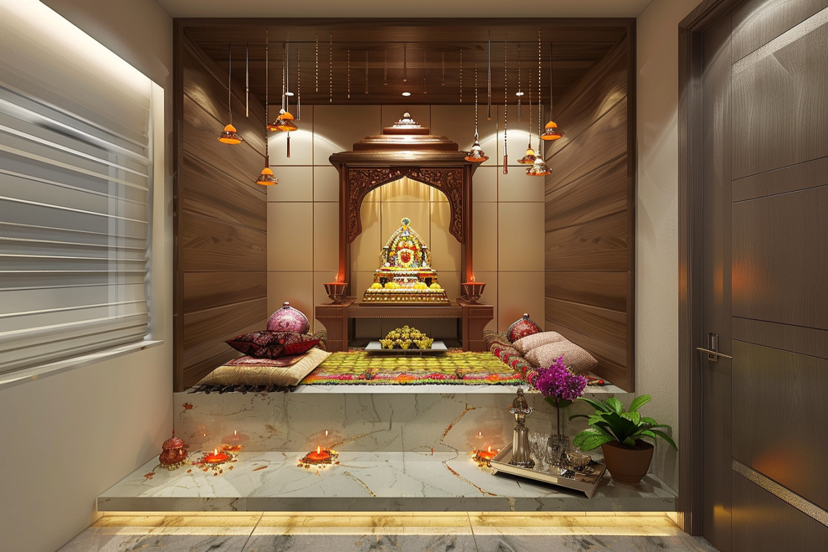 Traditional Pooja Room Design With Floor-Mounted Unit