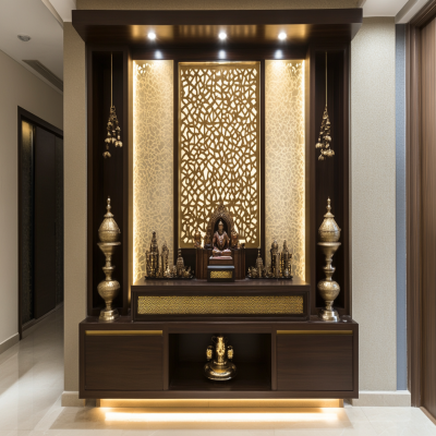 Contemporary Floor-Mounted Mandir Unit With Dark Brown Storage Unit And Gold-Toned CNC-Cut Back Panel