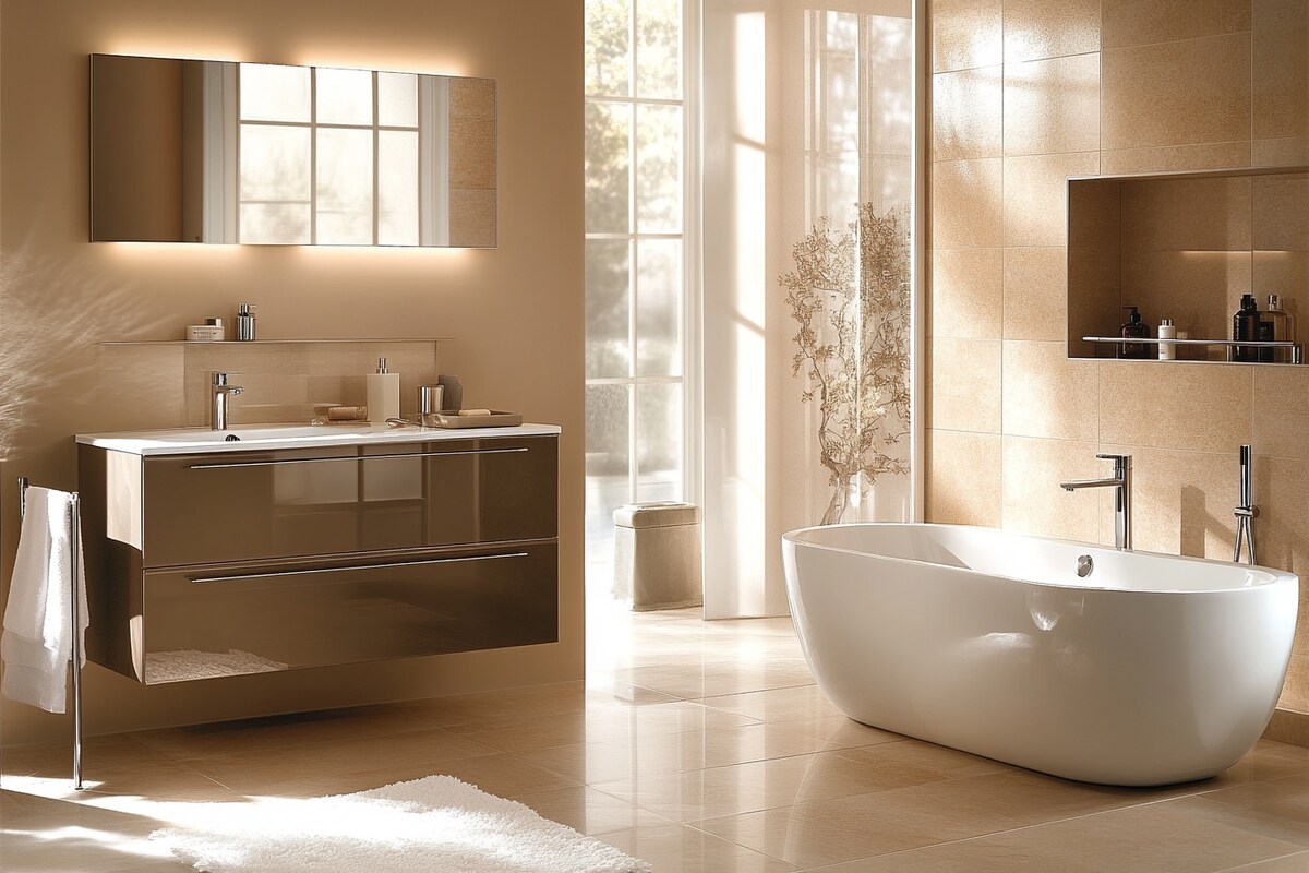 Contemporary Brown And Beige Bathroom Design With Vanity Unit