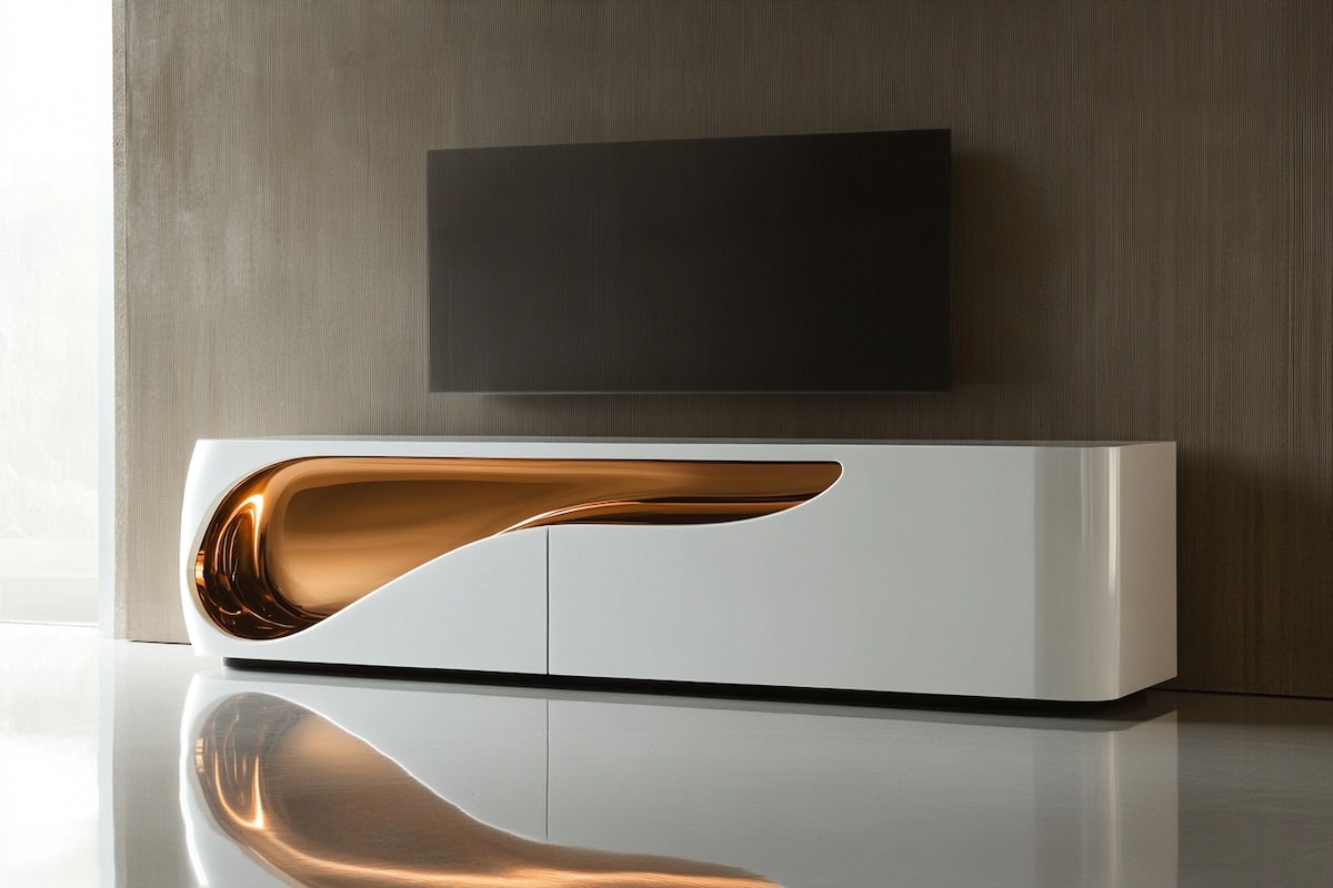 Modern White And Bronze TV Unit Design With Glossy Accent Wall