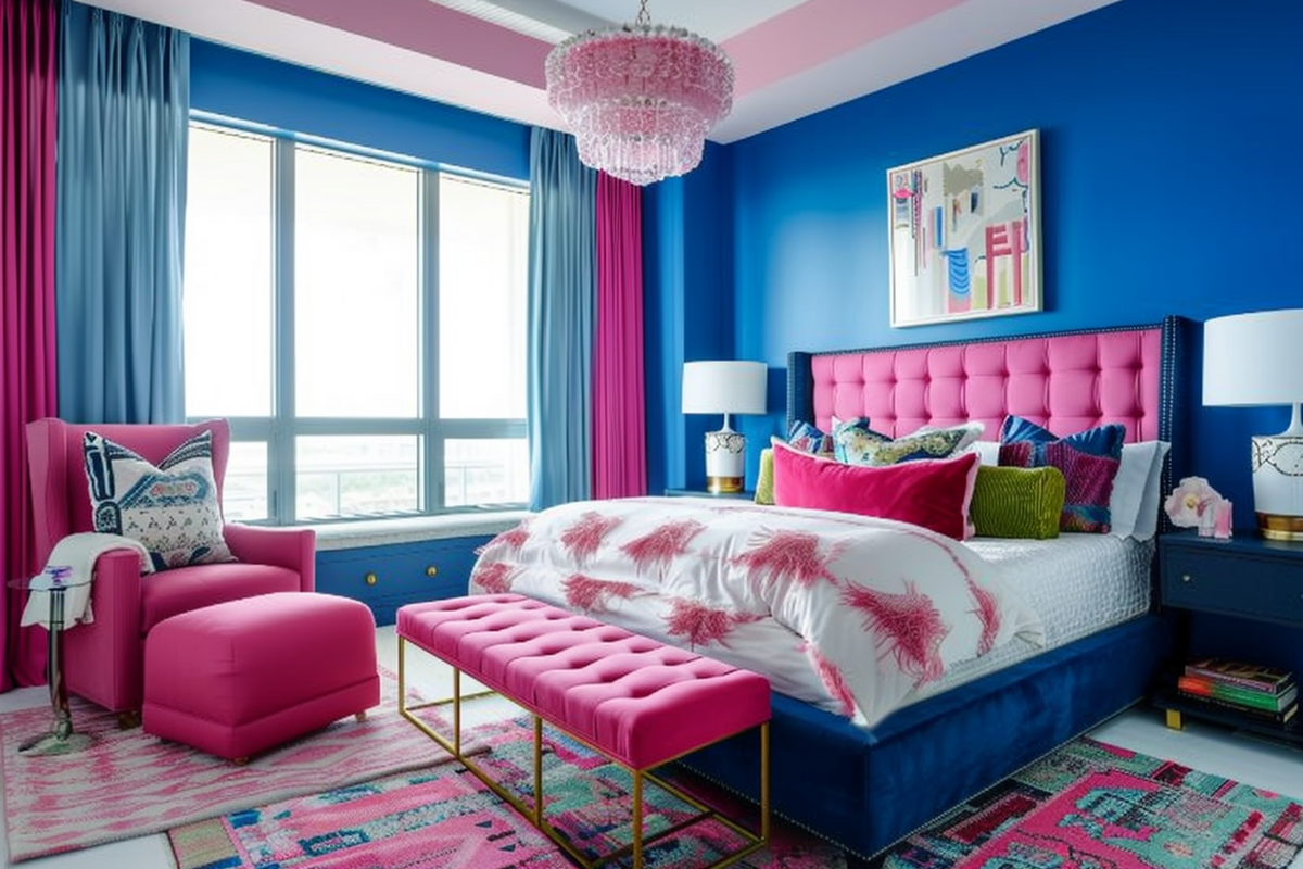 Contemporary Blue And Pink Master Bedroom Design With Pink Seater