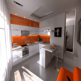 Modern Open Kitchen Design in White and Orange