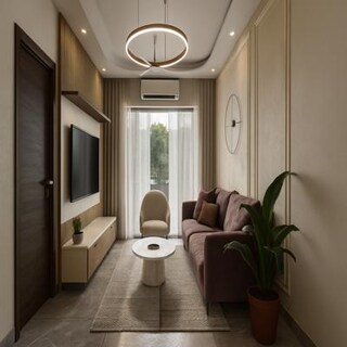 Compact Modern Neutral Living Room Design with Warm Sofa Accent