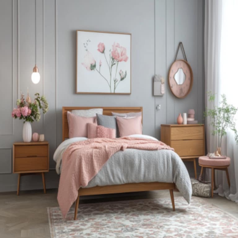 Mid-Century Modern Light Grey And Pink Bedroom Wall Paint Design