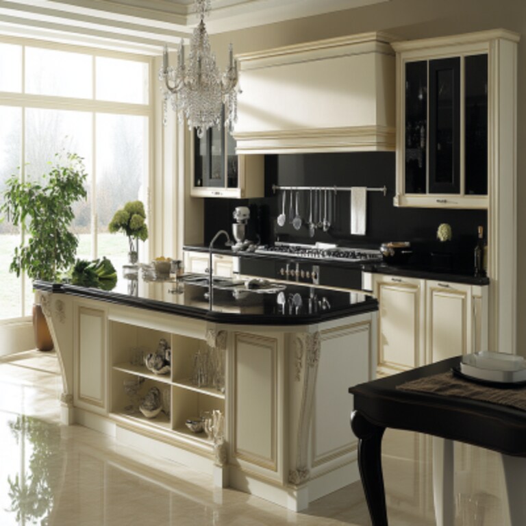 Modern Island Regalia Kitchen Design With Black And Off-White Kitchen Cabinets With Kitchen Island