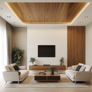 White And Wood Multilayered False Ceiling Design