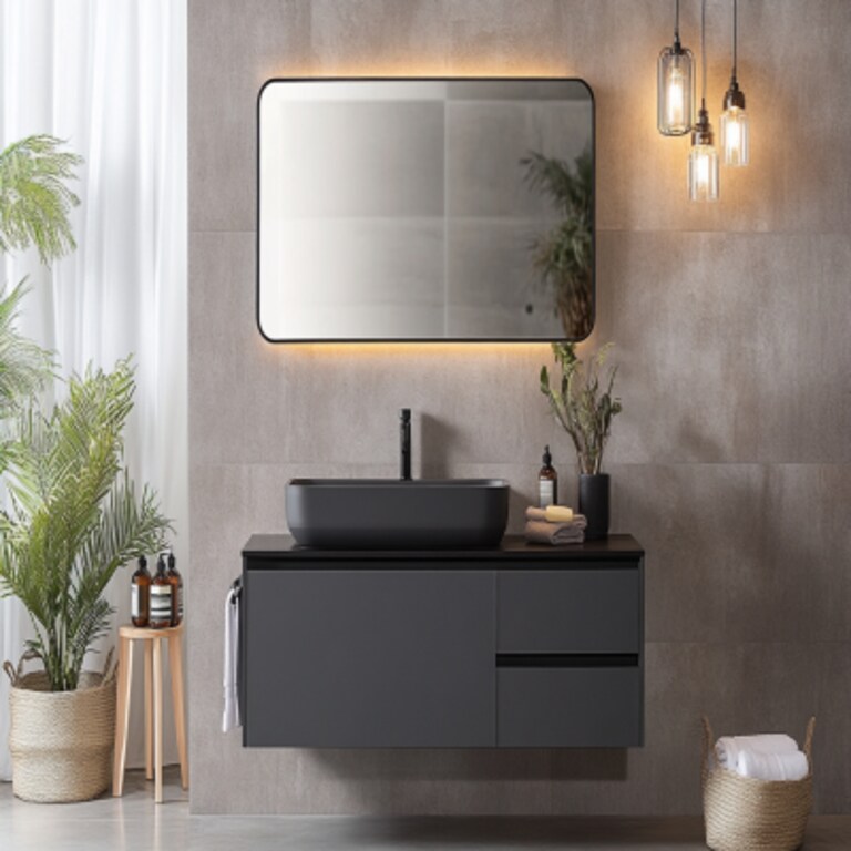 Modern Bathroom Design With Dark Grey Vanity Unit And Black Countertop