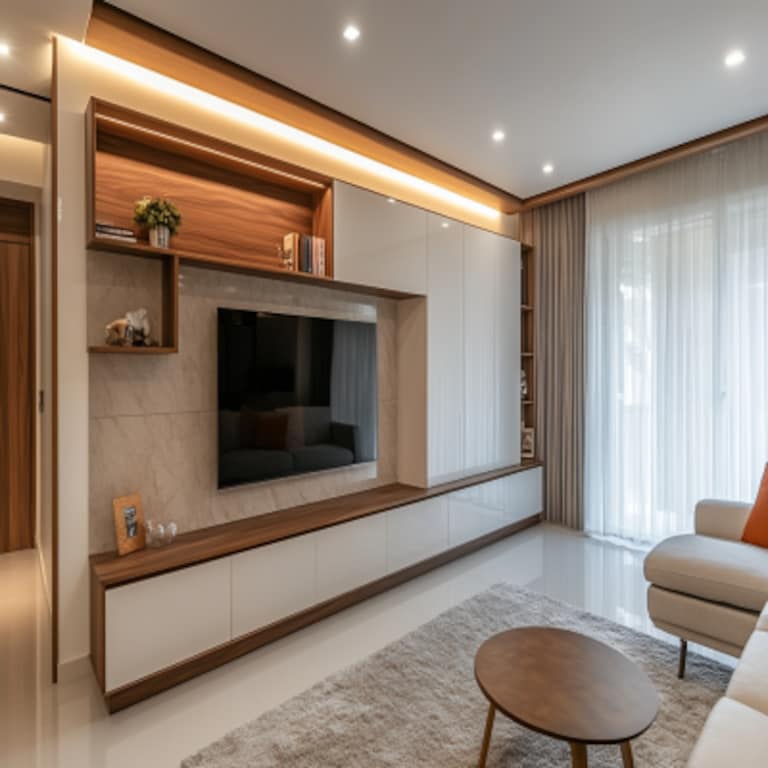 Modern Walnut Bronze And White TV Unit Design With Overhead Unit