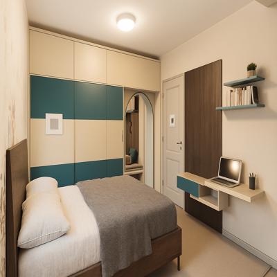 Compact modern bedroom with wardrobe and integrated study nook