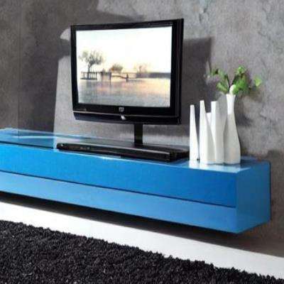 Modern TV Unit Design in Black and Blue Laminate with Flower Vases