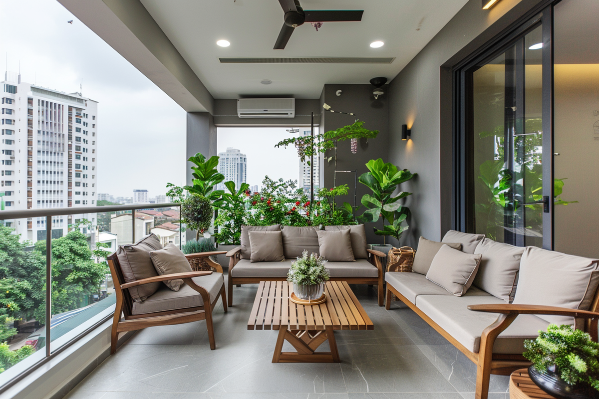 Modern Grey And Beige Balcony Design With Wooden Furniture