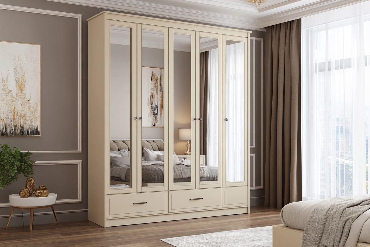 Classic Champagne-Toned 4-Door Swing Wardrobe Design With Mirror And Integrated Dressing Unit