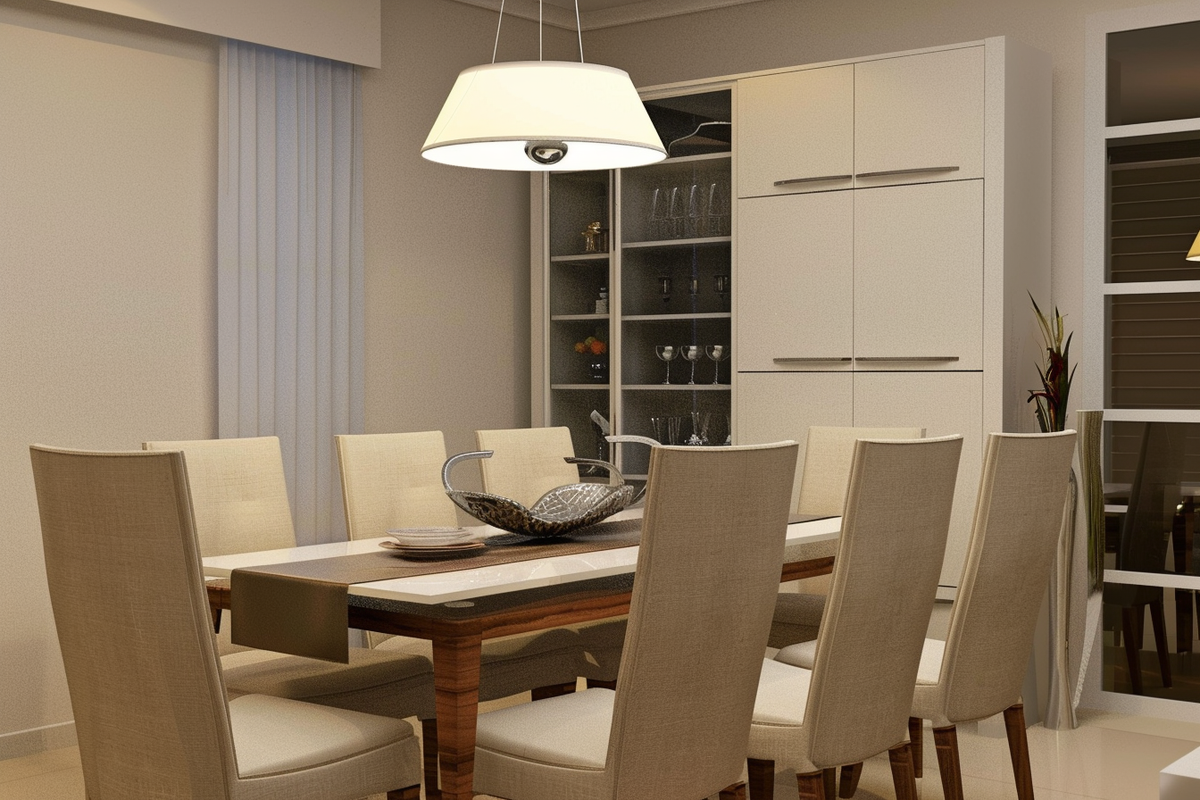 Modern Beige And White 8-Seater Dining Room Design With Spacious Storage Unit