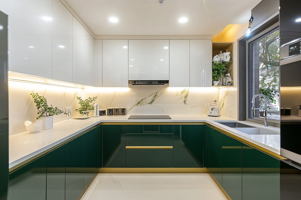 Modern U-Shaped Kitchen Design with Emerald and White Cabinets