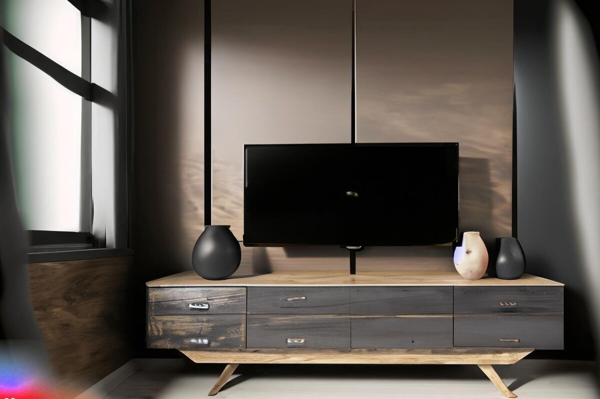 Rustic TV Unit Design in Black Laminate Rustic TV Unit Design in Black Laminate