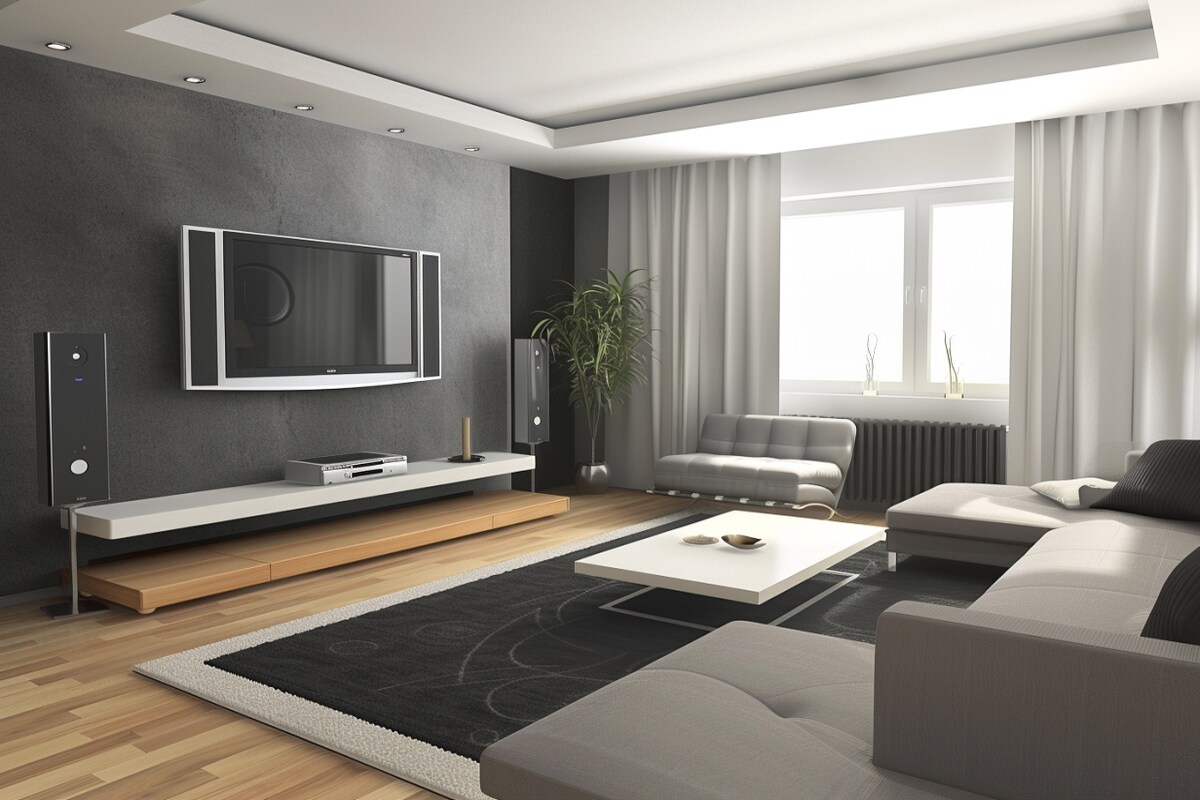 Contemporary Grey Living Room Design With White and Grey Accent Wall