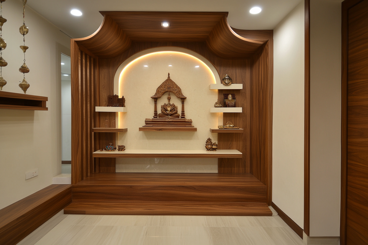 Modern Acacia And Frosty White Mandir Design With Floating Shelves