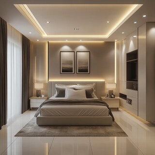 Contemporary Gypsum Single-Layered Bedroom False Ceiling Design With Recessed Lights