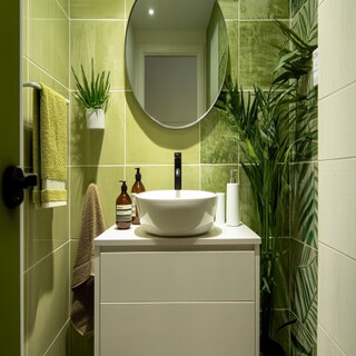 Contemporary Small Bathroom Ideas With Green Patterned Wall Tiles And White Vanity Unit