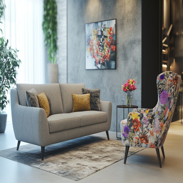 Contemporary Living Room Design with Grey Sofas and Floral Accent Chair