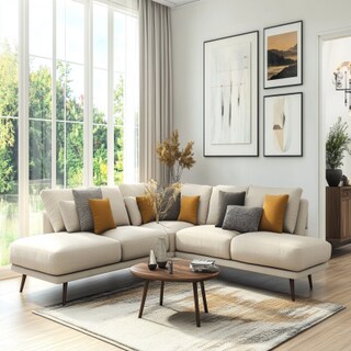 Mid-Century Modern Living Room With L Shaped Beige Sofa Set