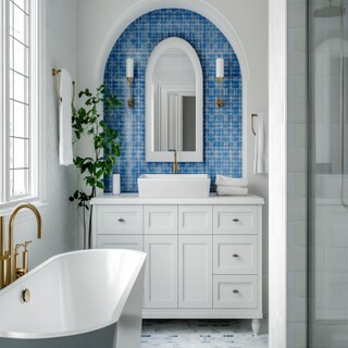 Art Deco White And Blue Bathroom Cabinet Design With Arched Mirror