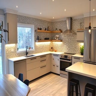 Contemporary L-Shaped Kitchen Design with Hexagonal Backsplash