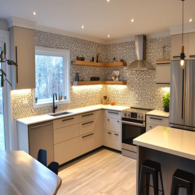 Contemporary L-Shaped Kitchen Design with Hexagonal Backsplash