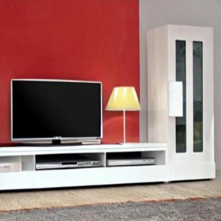 Classic TV Unit Design in White Laminate with Red Accent Wall