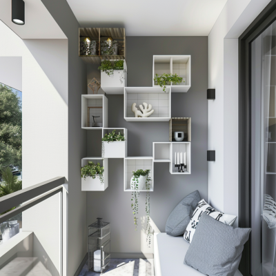 Modern Grey And White Balcony Design With Overhead Wall Storage Units