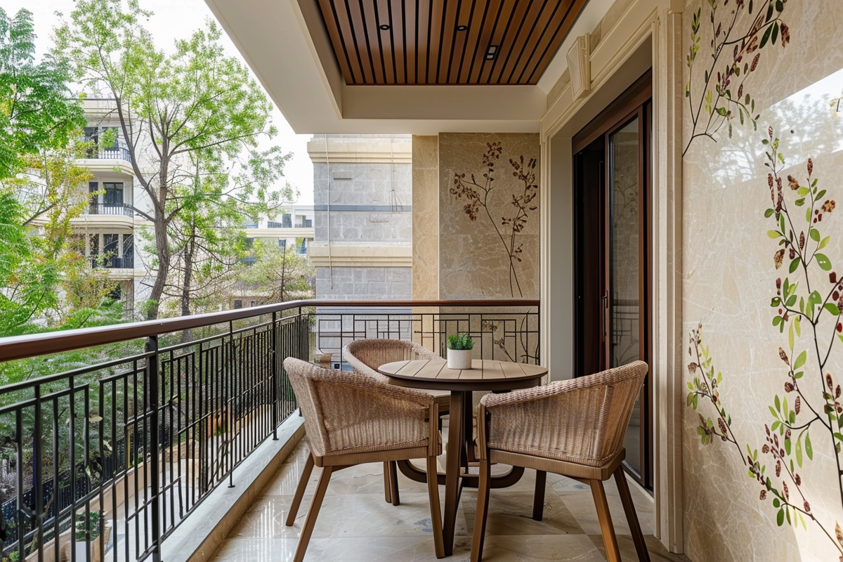 Minimal Balcony Design With Beige Floral Wallpaper