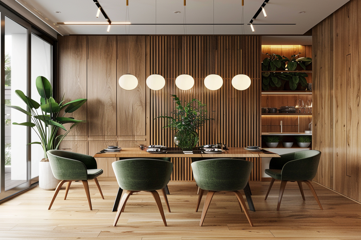 Contemporary 6-Seater Wood And Abstract Green Dining Room Design With L-Shaped Wooden Wall Panels