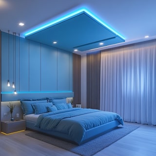 Contemporary Single-Layered Blue False Ceiling Design For Bedroom With Cove Lights