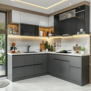 Modern Gothic Grey And Smoke Grey Modular L-Shape Kitchen Design White Square Dado Tiles